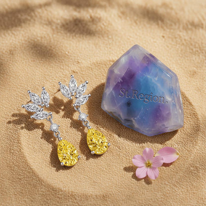 Cubic Zirconia and Yellow Crystal Botanical Drop Earrings, drop earrings for women, detail close-up