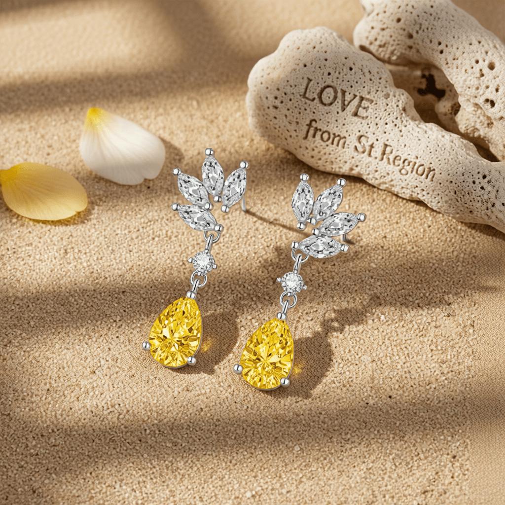 Cubic Zirconia and Yellow Crystal Botanical Drop Earrings, drop earrings for women, lifestyle look