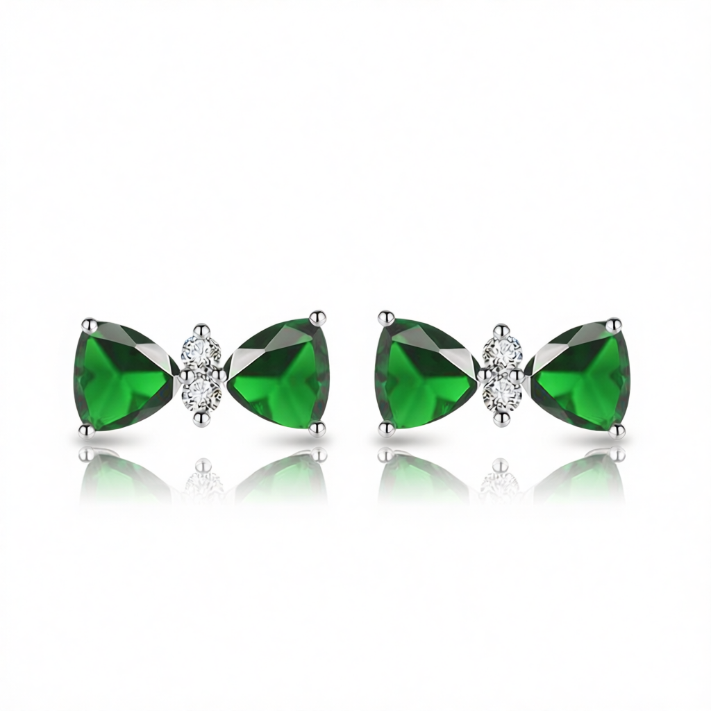 Cubic Zirconia & Green Crystal Bow Stud Earrings
