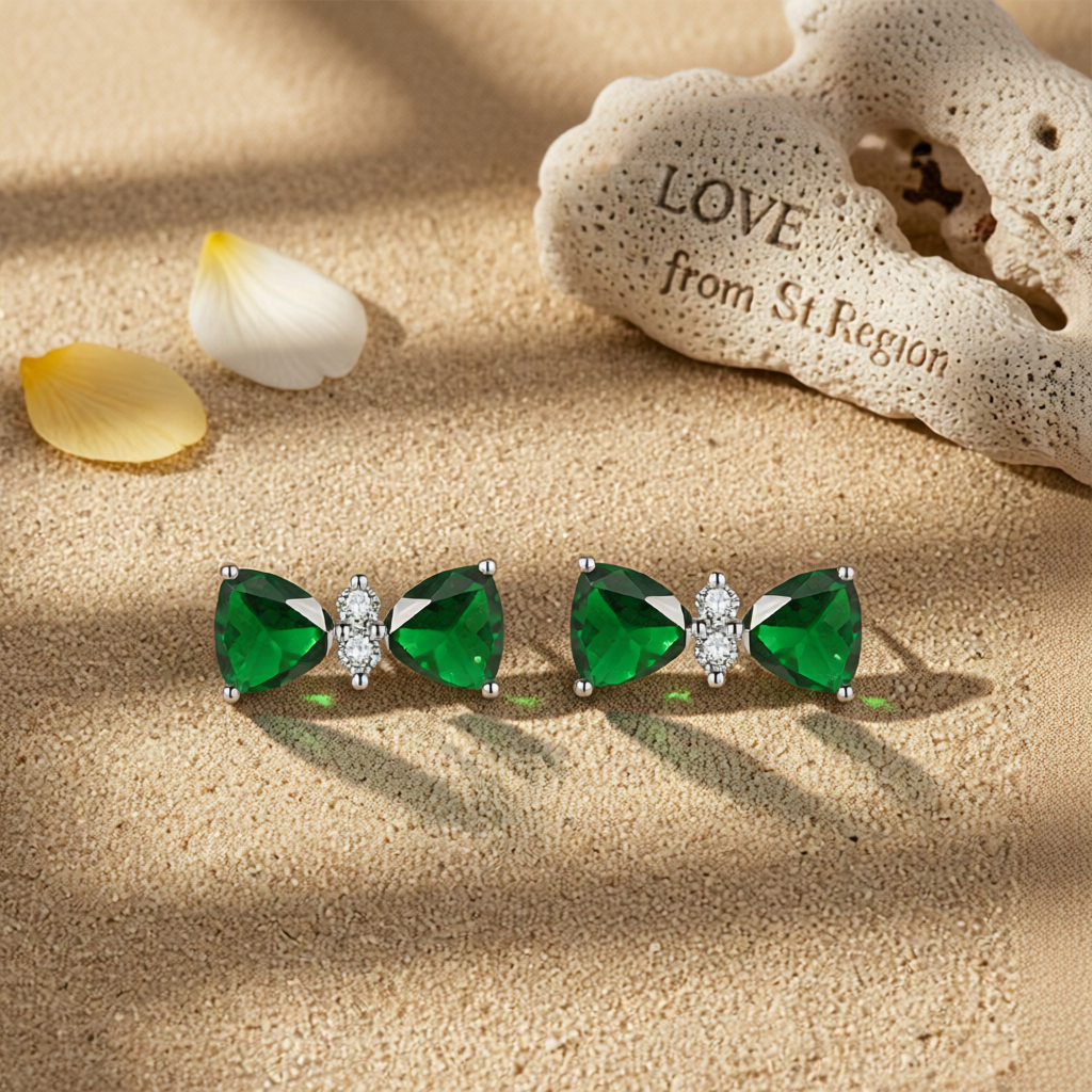 Cubic Zirconia & Green Crystal Bow Stud Earrings
