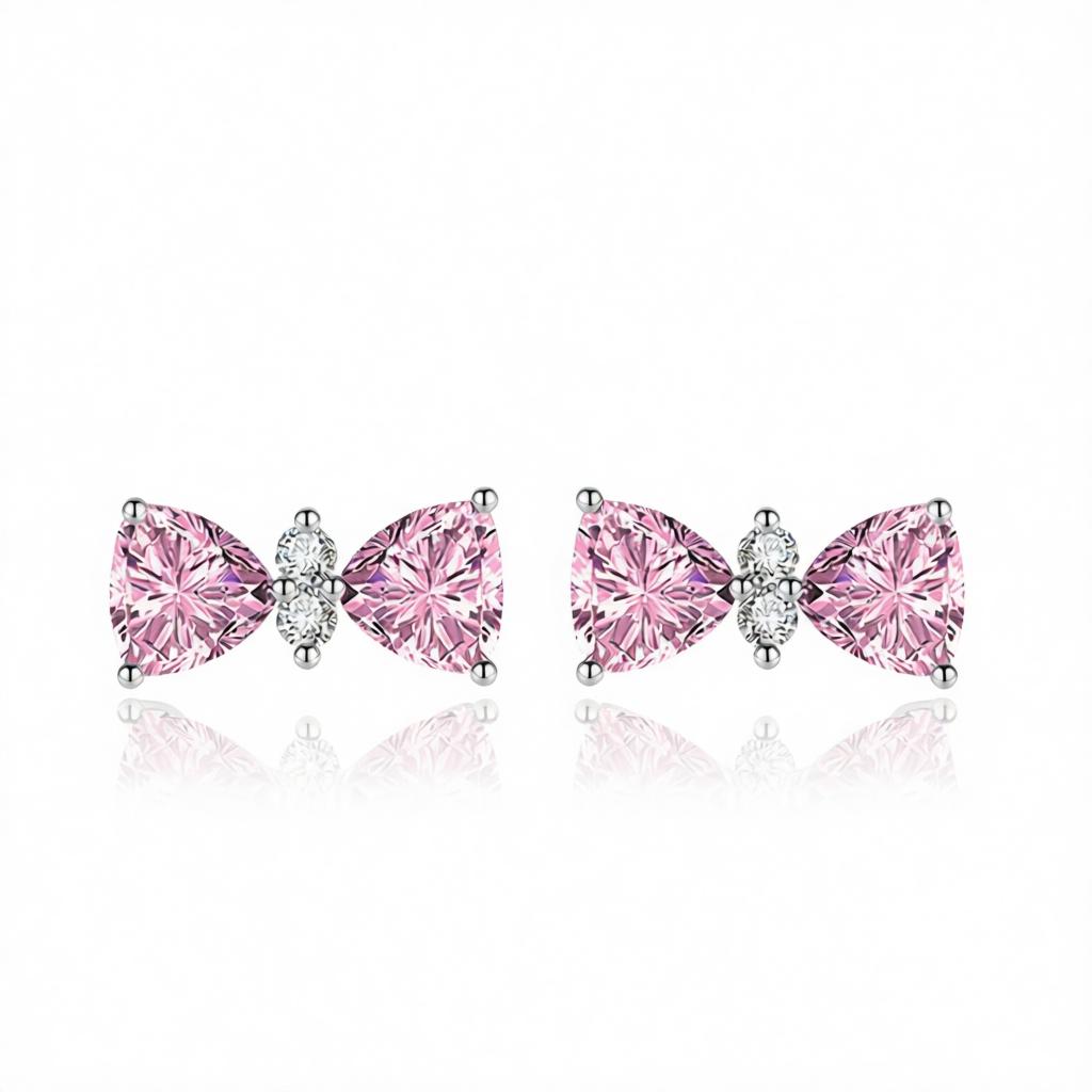 Cubic Zirconia and Pink Crystal Bow Stud Earrings, cubic zirconia stud earrings for women, vintage-inspired design, side view