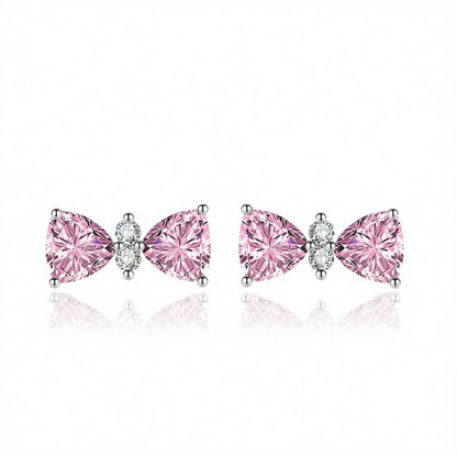 Cubic Zirconia and Pink Crystal Bow Stud Earrings, cubic zirconia stud earrings for women, vintage-inspired design, side view