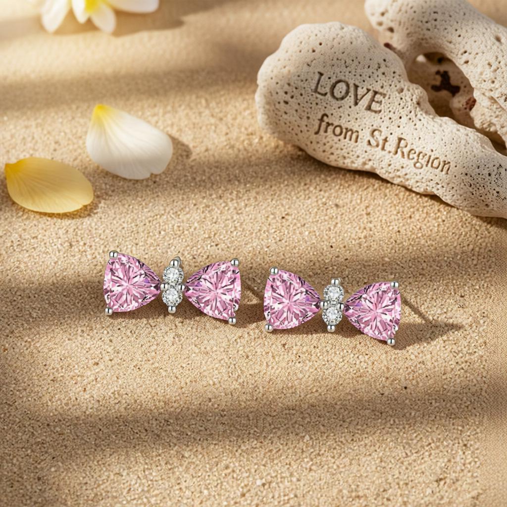 Cubic Zirconia and Pink Crystal Bow Stud Earrings, cubic zirconia stud earrings for women, lifestyle look