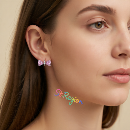 Cubic Zirconia & Pink Crystal Bow Stud Earrings