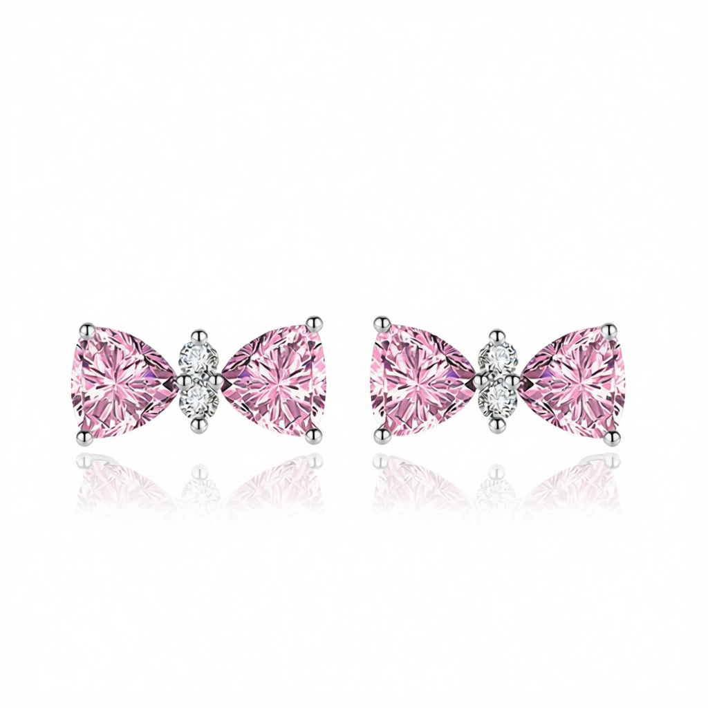 Cubic Zirconia & Pink Crystal Bow Stud Earrings