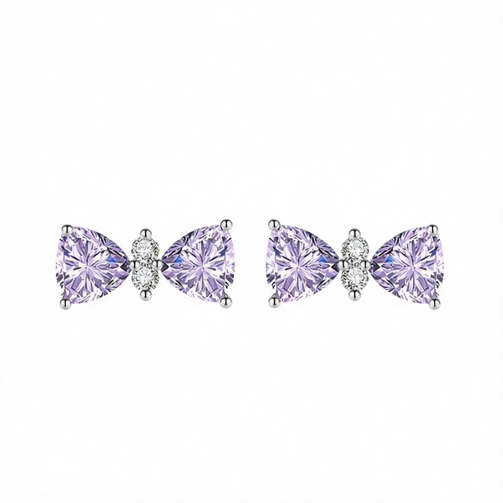 Cubic Zirconia and Purple Crystal Bow Stud Earrings, cubic zirconia stud earrings for women, botanical inspired, side view
