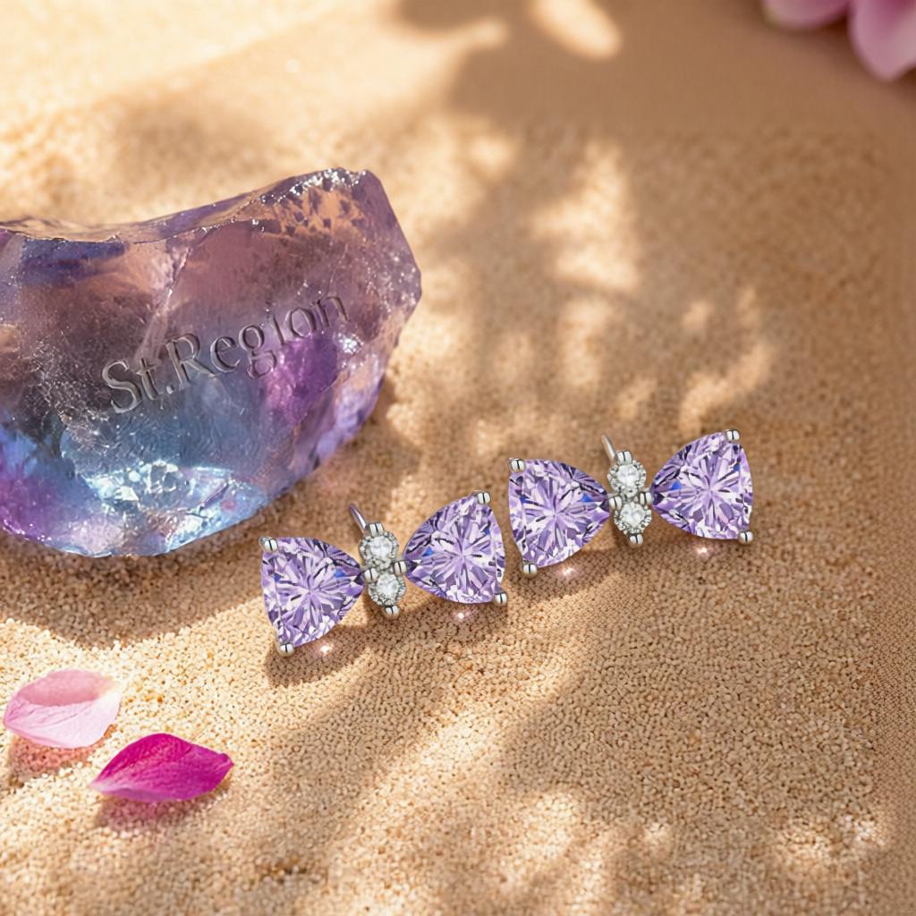 Cubic Zirconia and Purple Crystal Bow Stud Earrings, cubic zirconia stud earrings for women, detail close-up