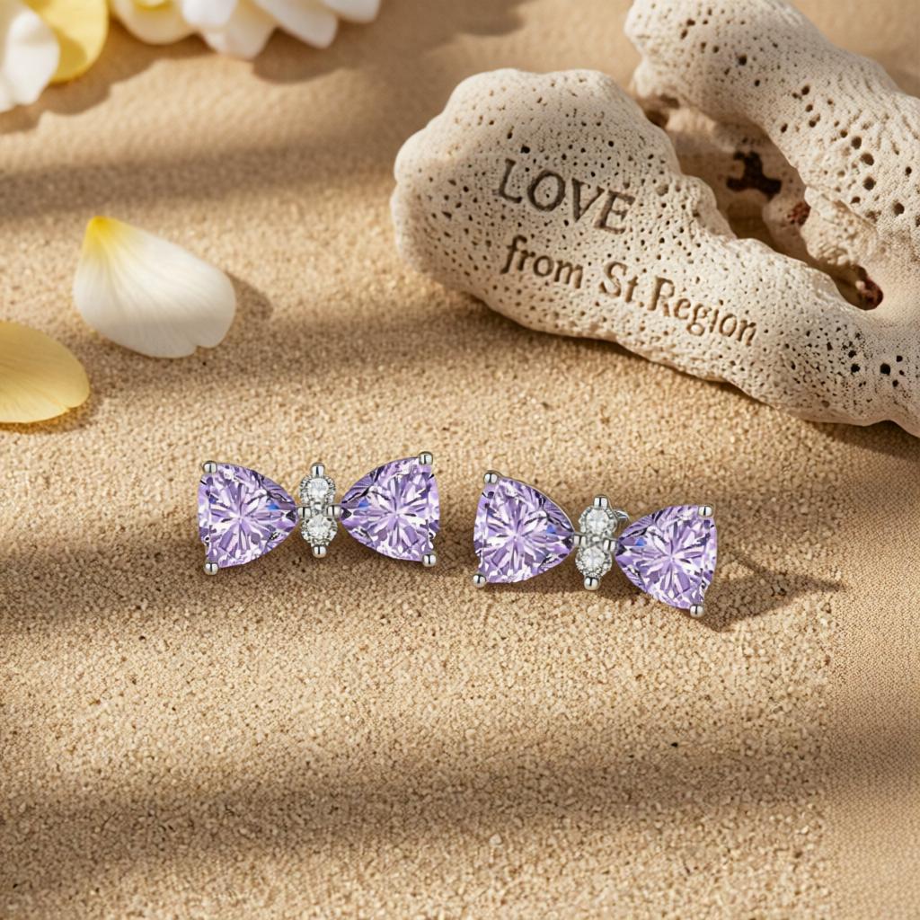 Cubic Zirconia and Purple Crystal Bow Stud Earrings, cubic zirconia stud earrings for women, lifestyle look