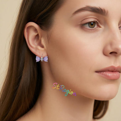 Cubic Zirconia and Purple Crystal Bow Stud Earrings, cubic zirconia stud earrings for women, botanical inspired, styled look