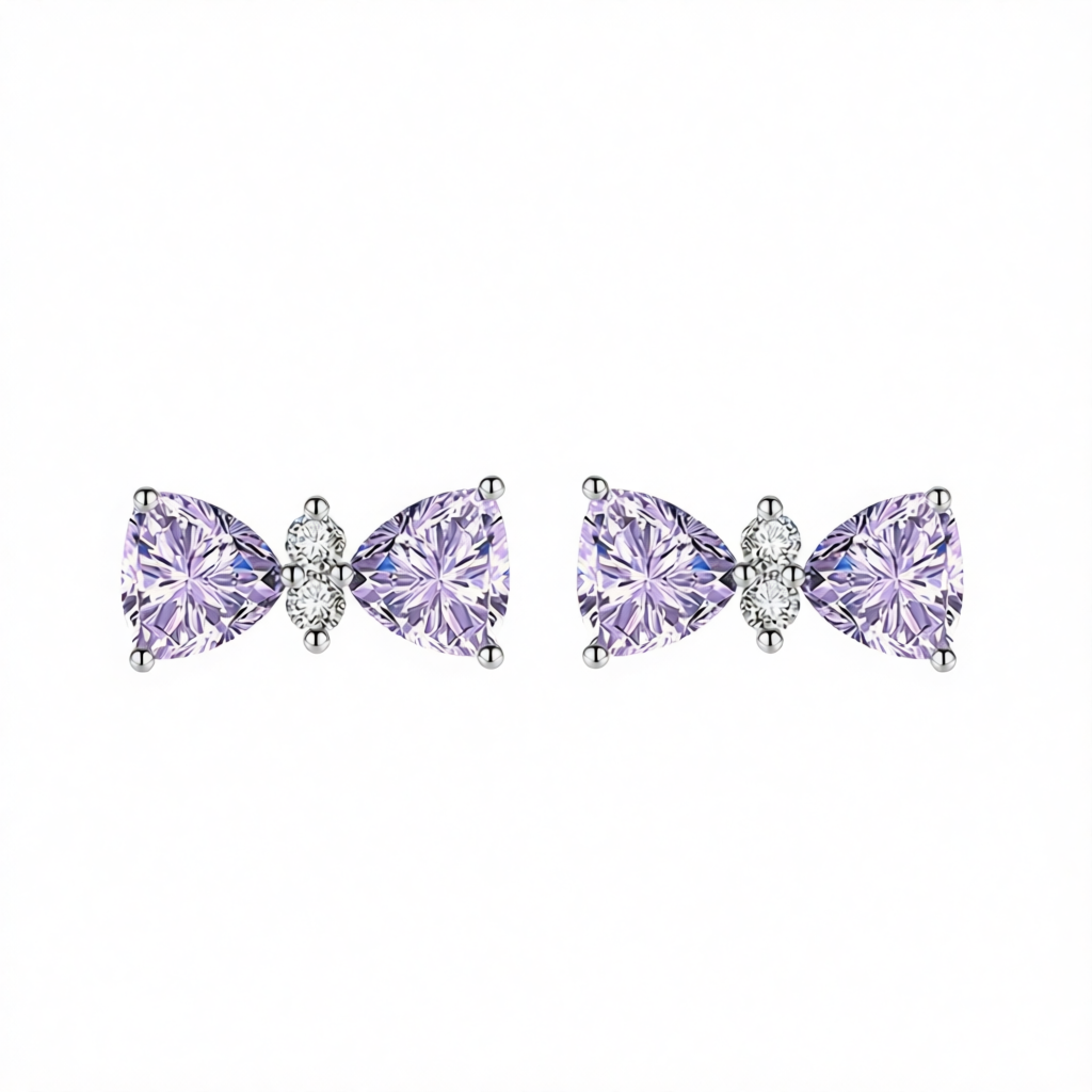 Cubic Zirconia & Purple Crystal Bow Stud Earrings