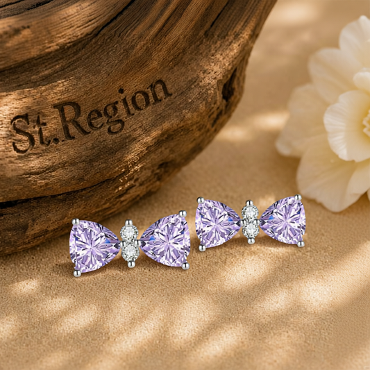Cubic Zirconia & Purple Crystal Bow Stud Earrings
