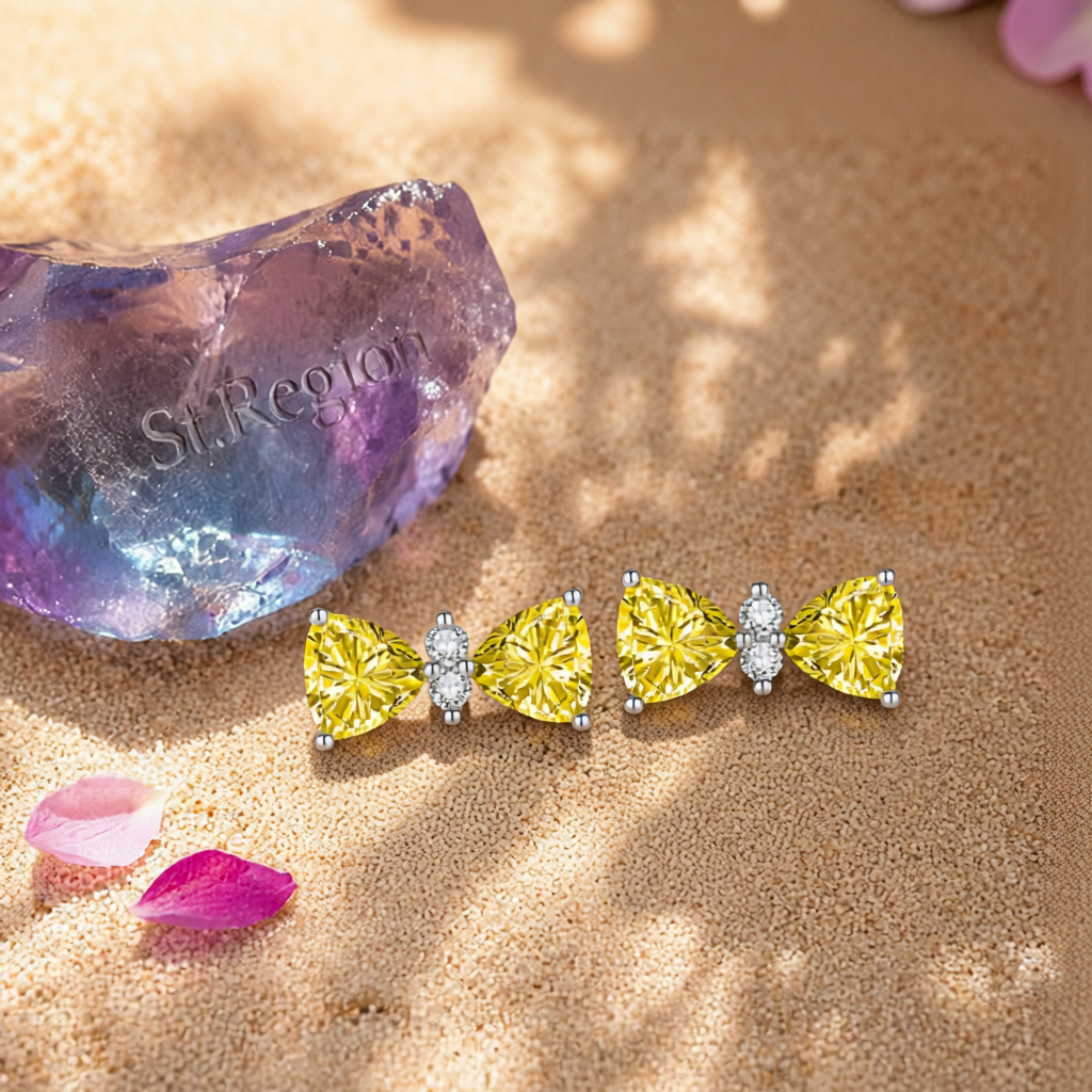 Cubic Zirconia & Yellow Crystal Bow Stud Earrings
