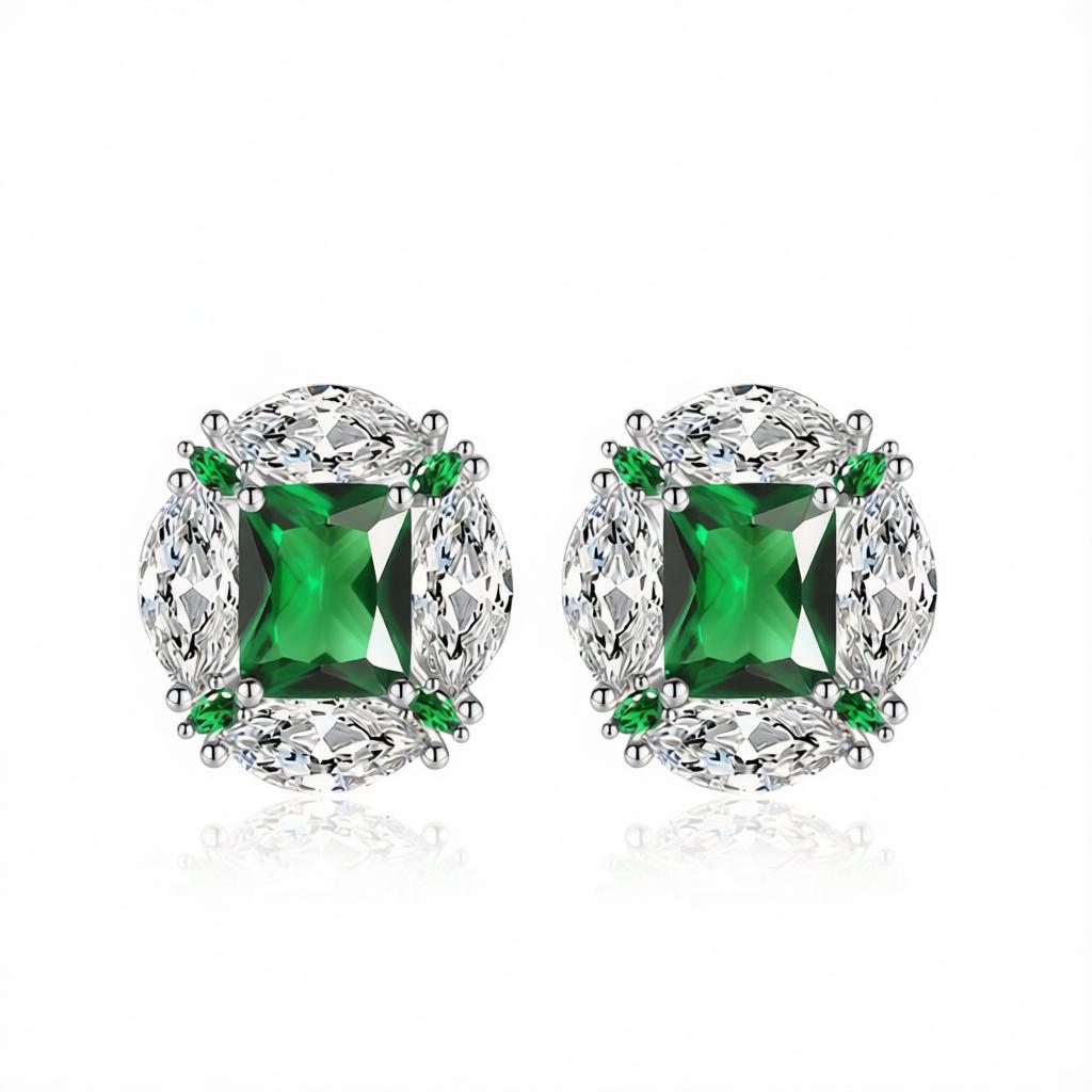 Green Radiant and Marquise Crystal Silvertone Oval Stud Earrings, cubic zirconia stud earrings for women, side view