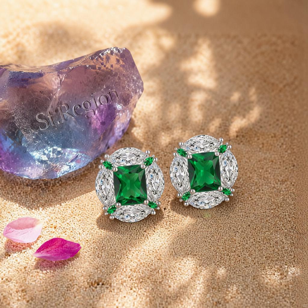 Green Radiant and Marquise Crystal Silvertone Oval Stud Earrings, cubic zirconia stud earrings for women, detail close-up