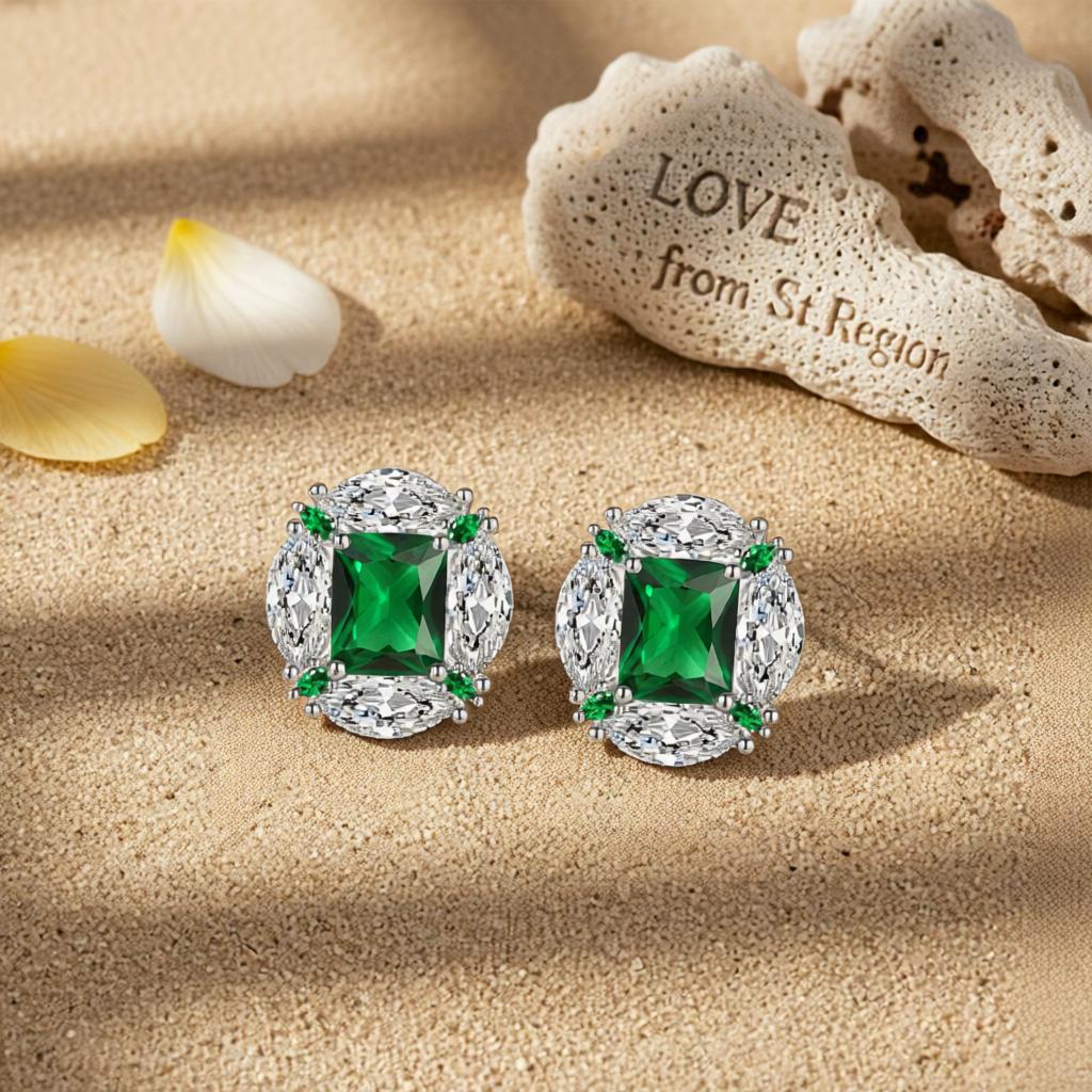Green Radiant and Marquise Crystal Silvertone Oval Stud Earrings, cubic zirconia stud earrings for women, lifestyle look