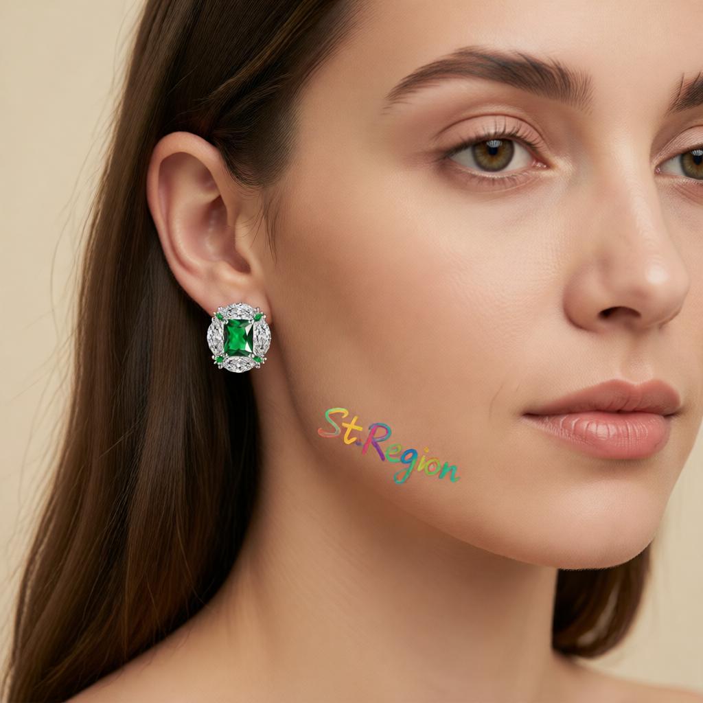 Green Radiant and Marquise Crystal Silvertone Oval Stud Earrings, cubic zirconia stud earrings for women, styled look