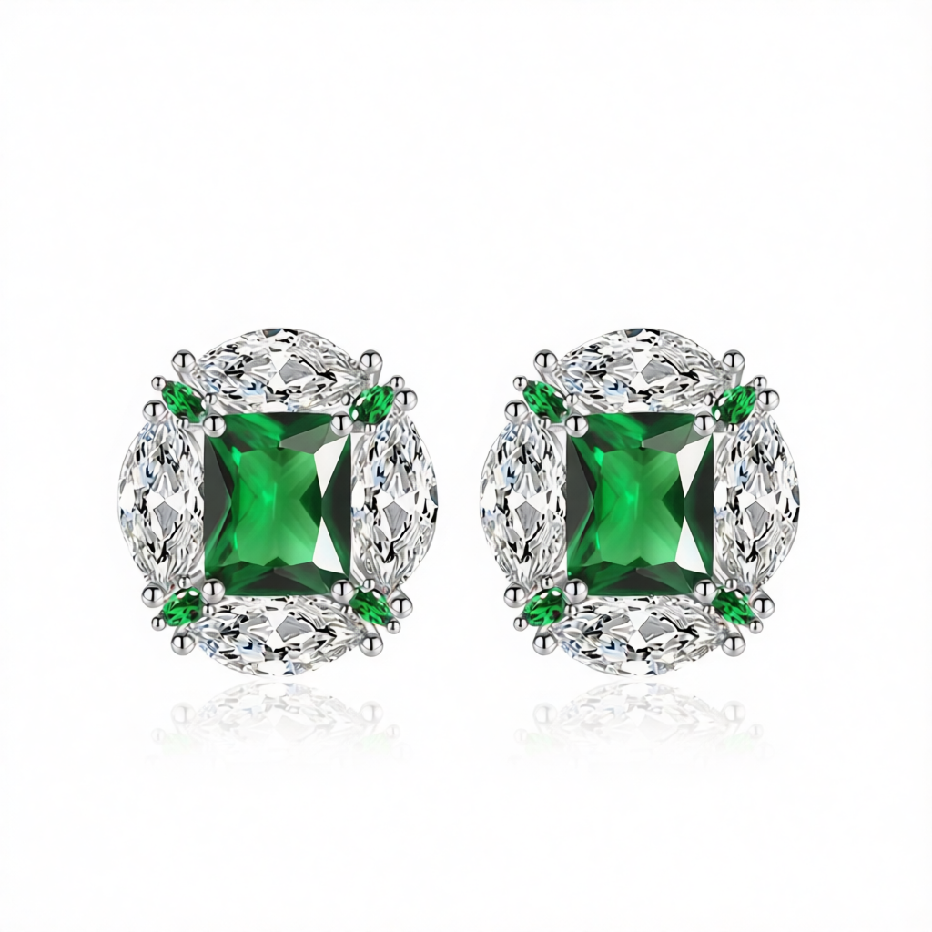 Green Radiant & Marquise Crystal Silvertone Oval Stud Earrings