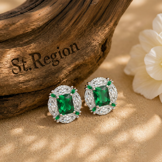 Green Radiant & Marquise Crystal Silvertone Oval Stud Earrings