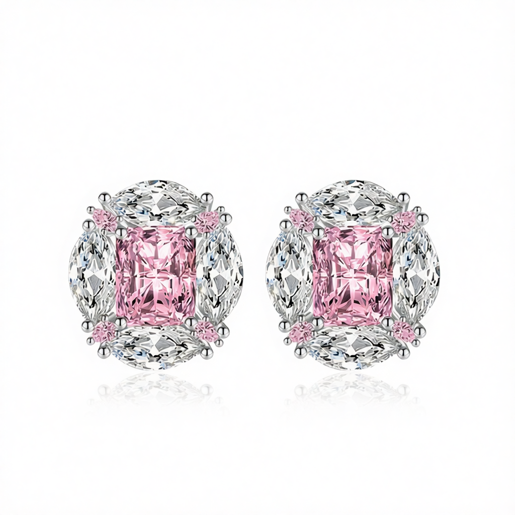Pink Radiant & Marquise Crystal Silvertone Oval Stud Earrings