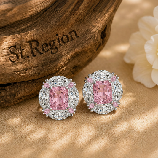 Pink Radiant & Marquise Crystal Silvertone Oval Stud Earrings