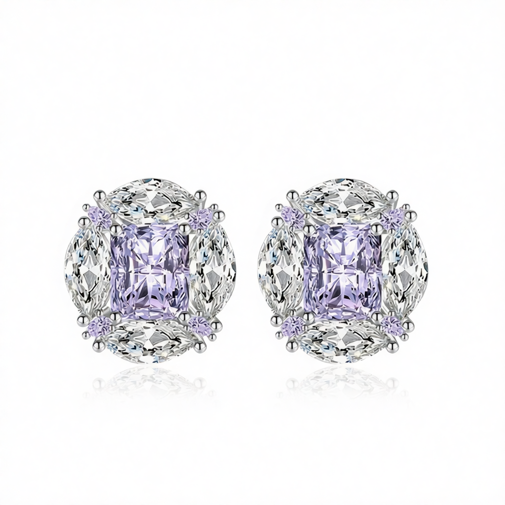 Purple Radiant & Marquise Crystal Silvertone Oval Stud Earrings