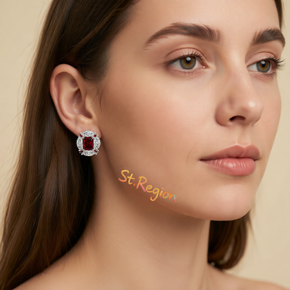 Red Radiant & Marquise Crystal Silvertone Oval Stud Earrings
