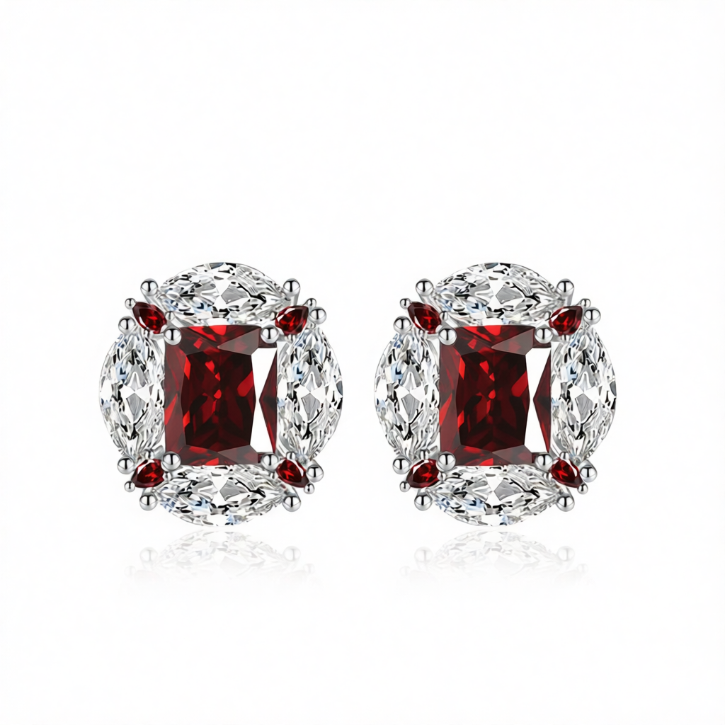 Red Radiant & Marquise Crystal Silvertone Oval Stud Earrings