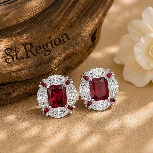 Red Radiant & Marquise Crystal Silvertone Oval Stud Earrings
