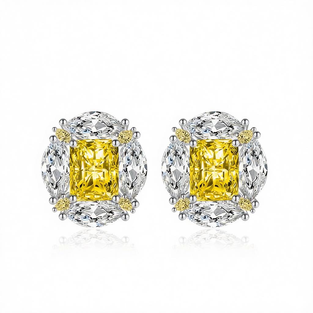Yellow Radiant and Marquise Crystal Silvertone Oval Stud Earrings, cubic zirconia stud earrings for women, side view