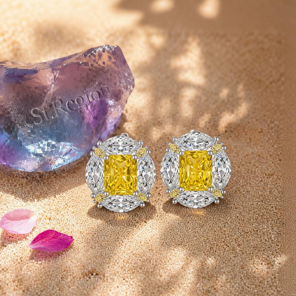 Yellow Radiant and Marquise Crystal Silvertone Oval Stud Earrings, cubic zirconia stud earrings for women, detail close-up