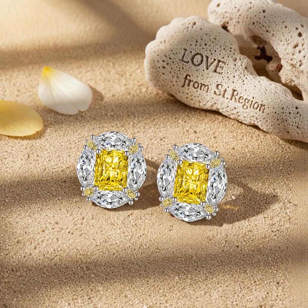 Yellow Radiant and Marquise Crystal Silvertone Oval Stud Earrings, cubic zirconia stud earrings for women, lifestyle look
