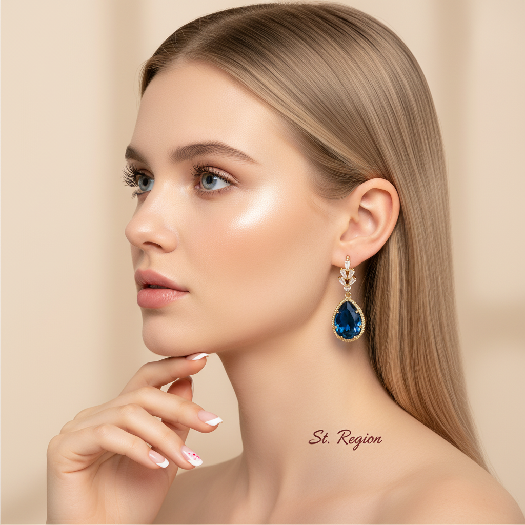 Blue Crystal & Cubic Zirconia Drop Huggie Earring - Street Region