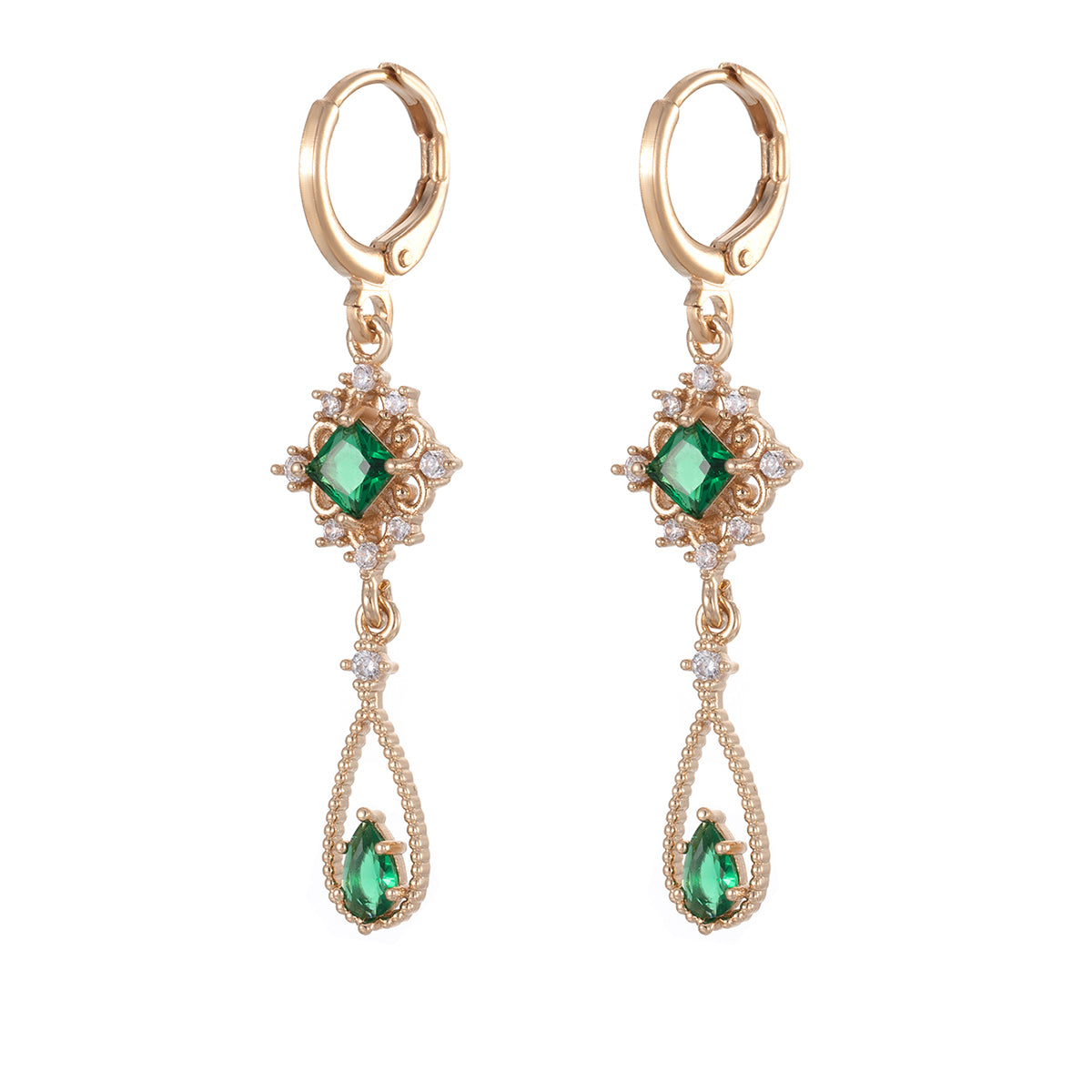 Emerald Crystal & Cubic Zirconia Goldtone Rhombus Drop Huggie Earrings - Street Region
