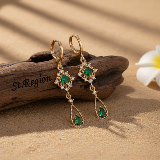 Emerald Crystal & Cubic Zirconia Goldtone Rhombus Drop Huggie Earrings - Street Region