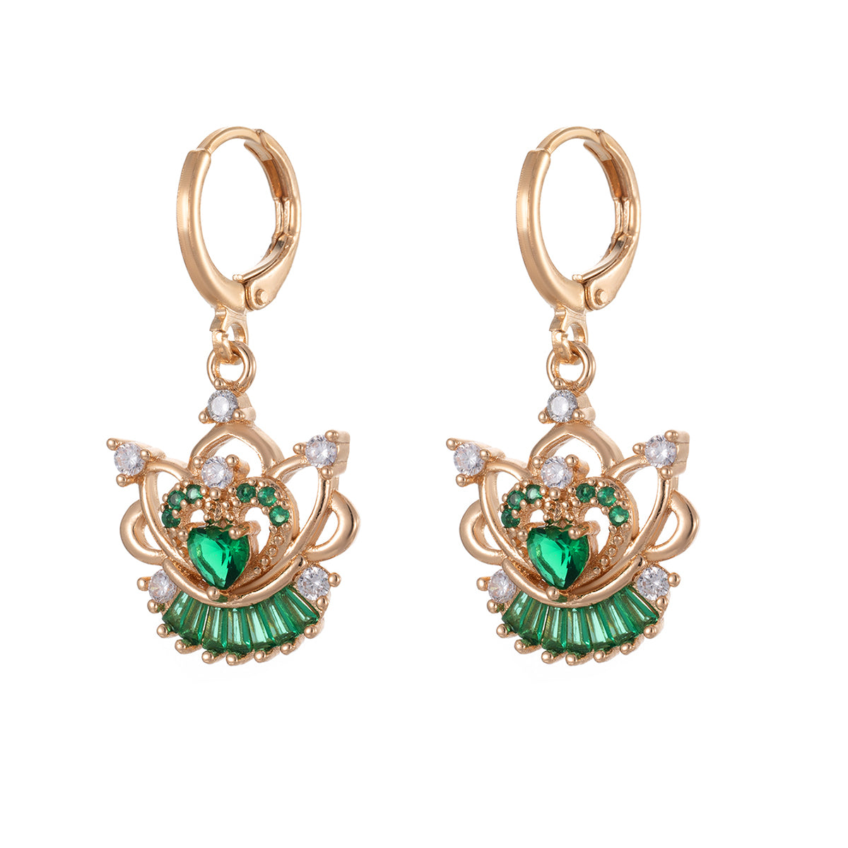 Emerald Crystal & Cubic Zirconia Goldtone Flower Heart Huggie Earrings - Street Region