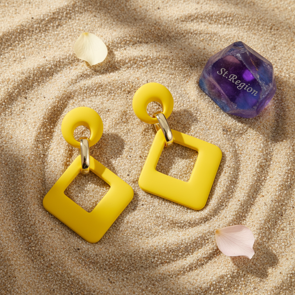 Yellow Enamel & 18K Gold-Plated Open Rhombus Drop Earrings - Street Region