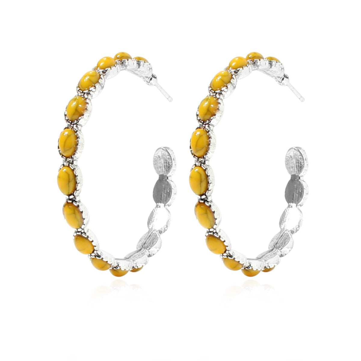 Yellow Turquoise & Silver-Plated Oval-Cut Hoop Earrings