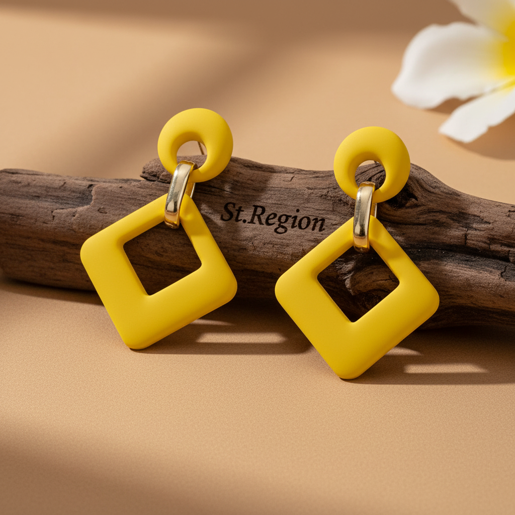 Yellow Enamel & 18K Gold-Plated Open Rhombus Drop Earrings - Street Region