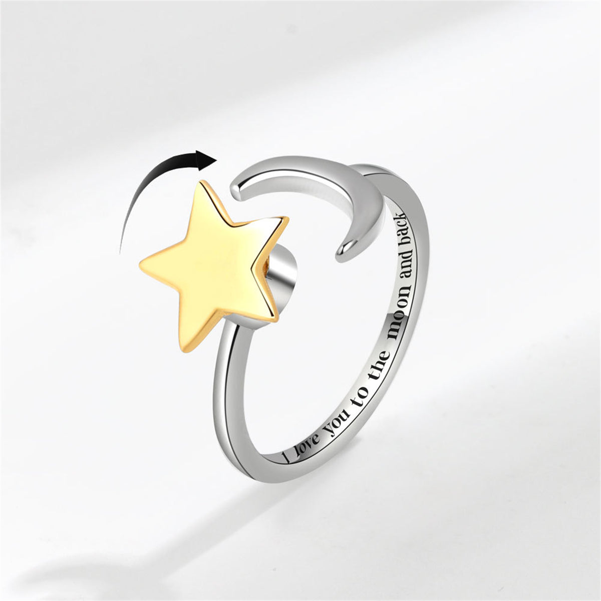 Two Tone Star and Moon Rotatable Open Ring, statement rings for women, dainty minimalist design, front view