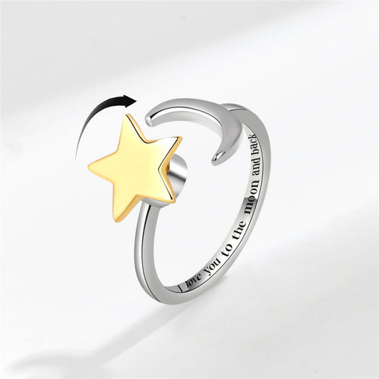 Two Tone Star and Moon Rotatable Open Ring, statement rings for women, dainty minimalist design, front view