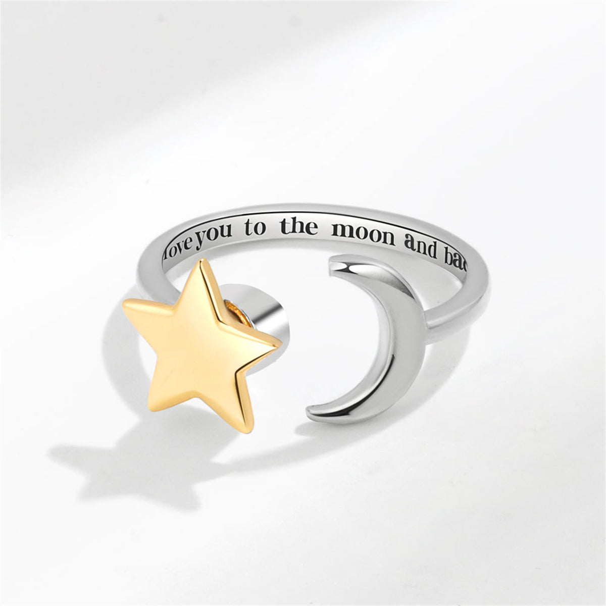 Two Tone Star and Moon Rotatable Open Ring, statement rings for women, dainty minimalist design, detail close-up