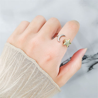 Two Tone Star and Moon Rotatable Open Ring, statement rings for women, dainty minimalist design, styled look