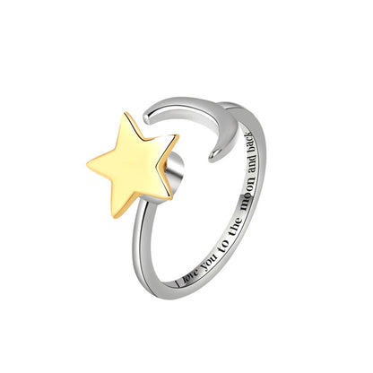 Two Tone Star and Moon Rotatable Open Ring, statement rings for women, dainty minimalist design, side view