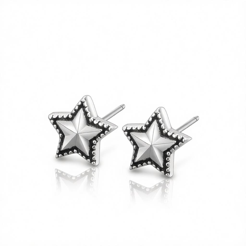 Black Enamel and Silver-Plated Star Stud Earrings, cubic zirconia stud earrings for women, elegant gift for her, side view