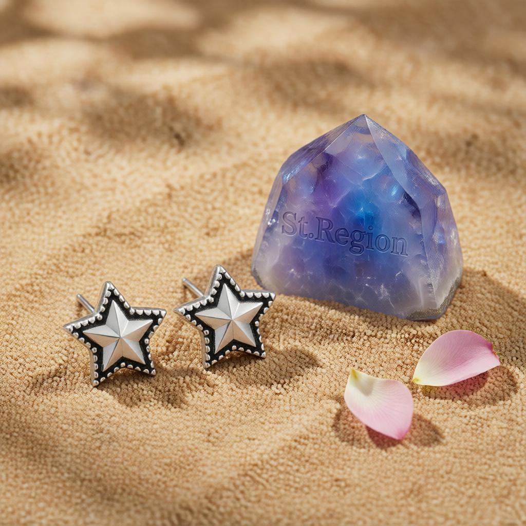 Black Enamel and Silver-Plated Star Stud Earrings, cubic zirconia stud earrings for women, detail close-up