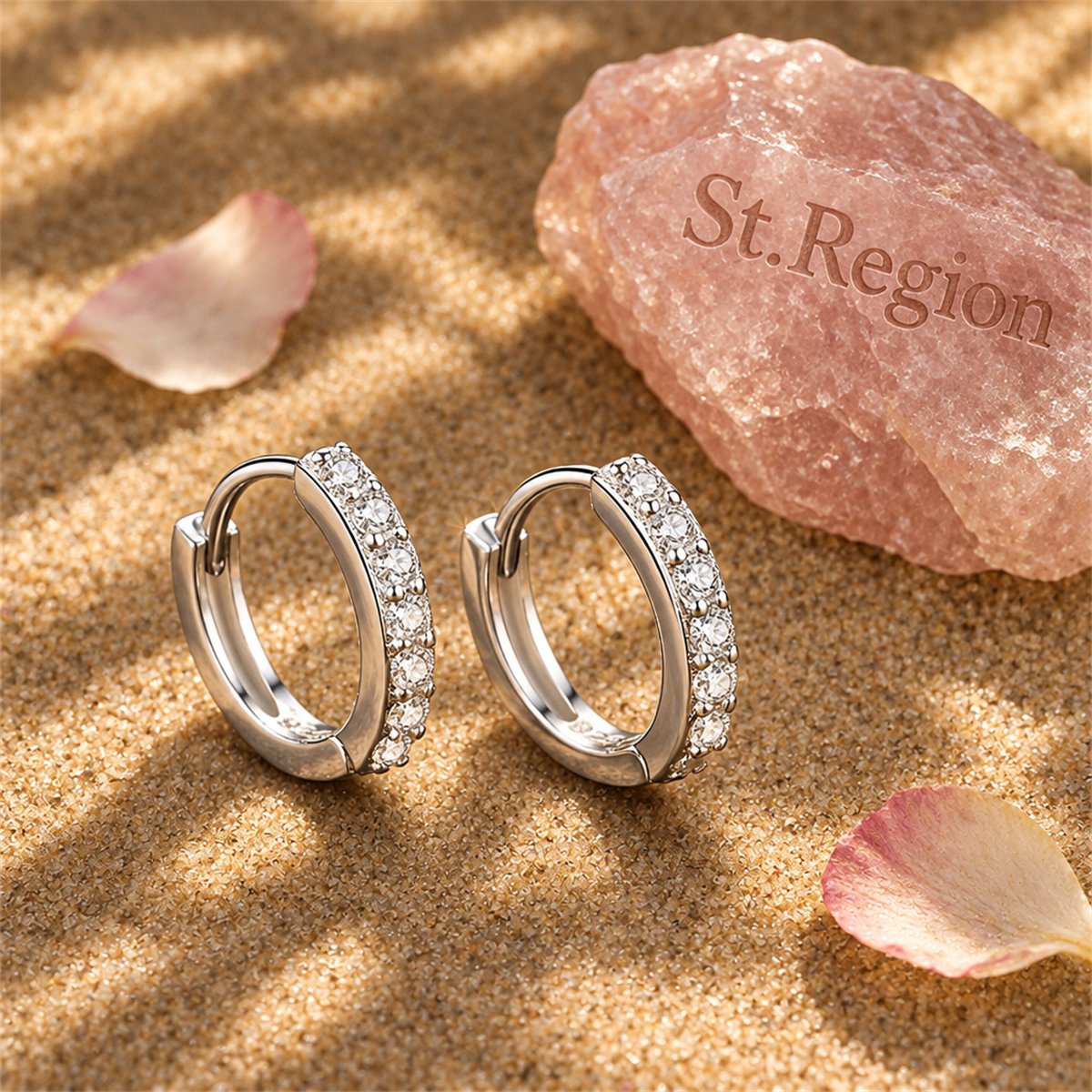 Clear Cubic Zirconia and Silver-Plated Channel-Set Huggie Earrings, silver huggie earrings, detail close-up
