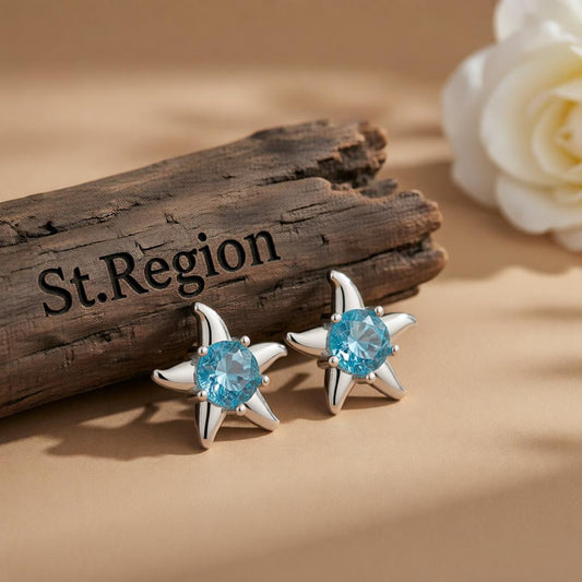 Blue Cubic Zirconia and Silver-Plated Starfish Stud Earrings, cubic zirconia stud earrings for women, front view