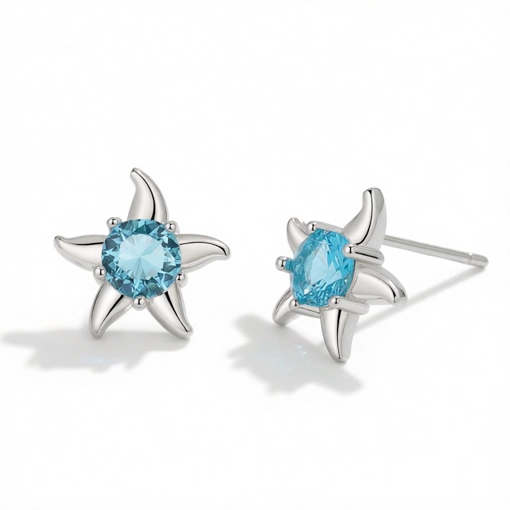 Blue Cubic Zirconia and Silver-Plated Starfish Stud Earrings, cubic zirconia stud earrings for women, side view