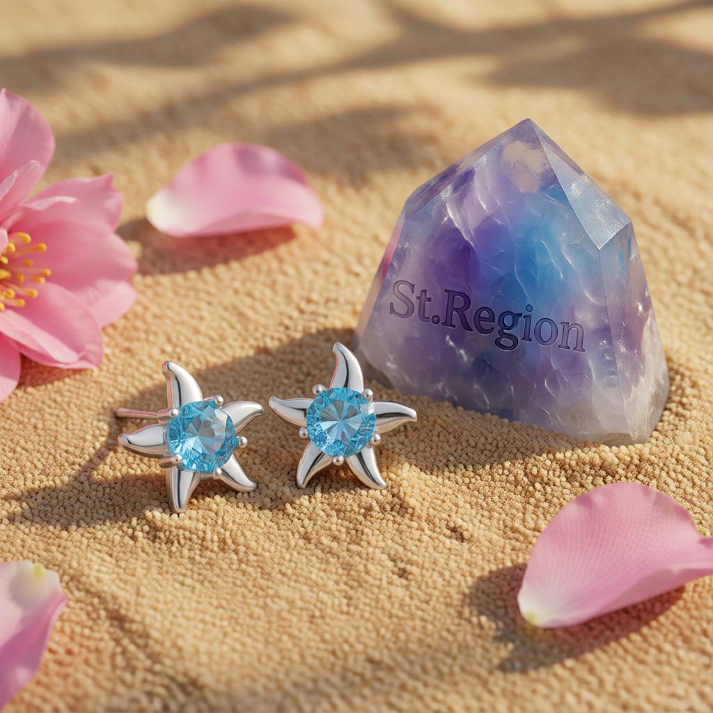 Blue Cubic Zirconia and Silver-Plated Starfish Stud Earrings, cubic zirconia stud earrings for women, detail close-up