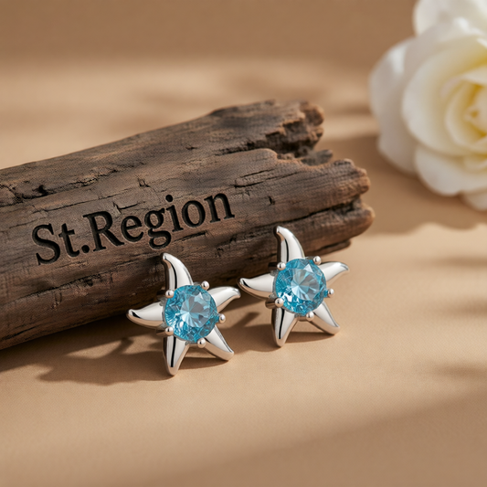 Blue Cubic Zirconia & Silver-Plated Starfish Stud Earrings
